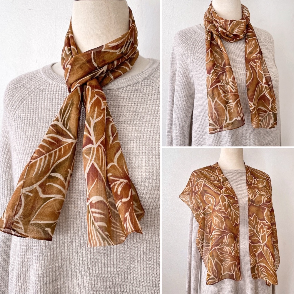 Vintage Semi Sheer Scarf Wrap Boho Fall Leaf Floral Earthy Brown Tan Green
